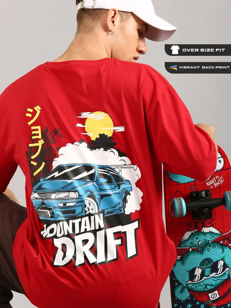 Joven Men Red Printed Pure Cotton Oversized T-Shirt